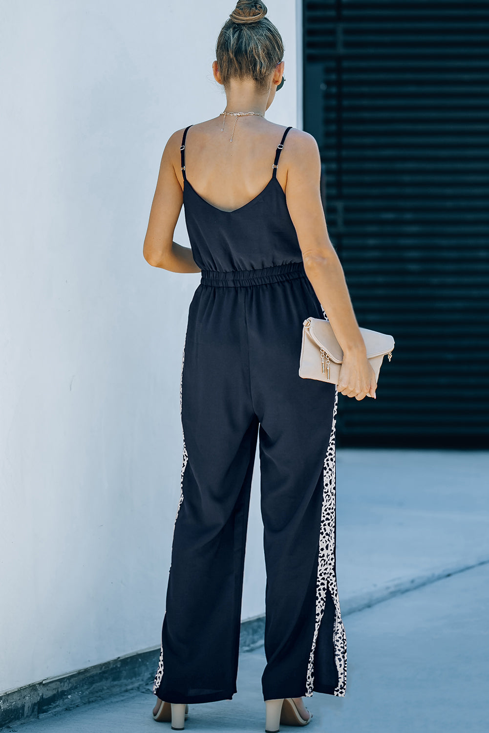 Black Leopard Patchwork Spaghetti Strap Wide Leg Jumpsuit - LA Grand