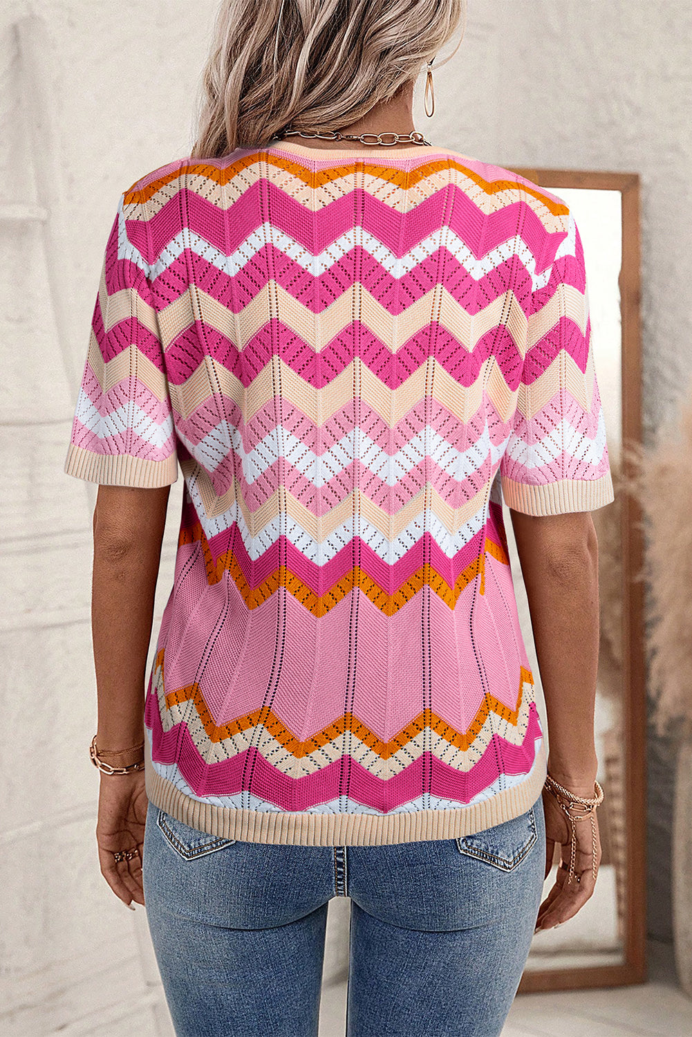 Pink Stripe Chevron Pointelle Knit V Neck Short Sleeve Sweater - LA Grand