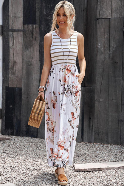 White Striped Floral Print Sleeveless Maxi Dress with Pocket - LA Grand