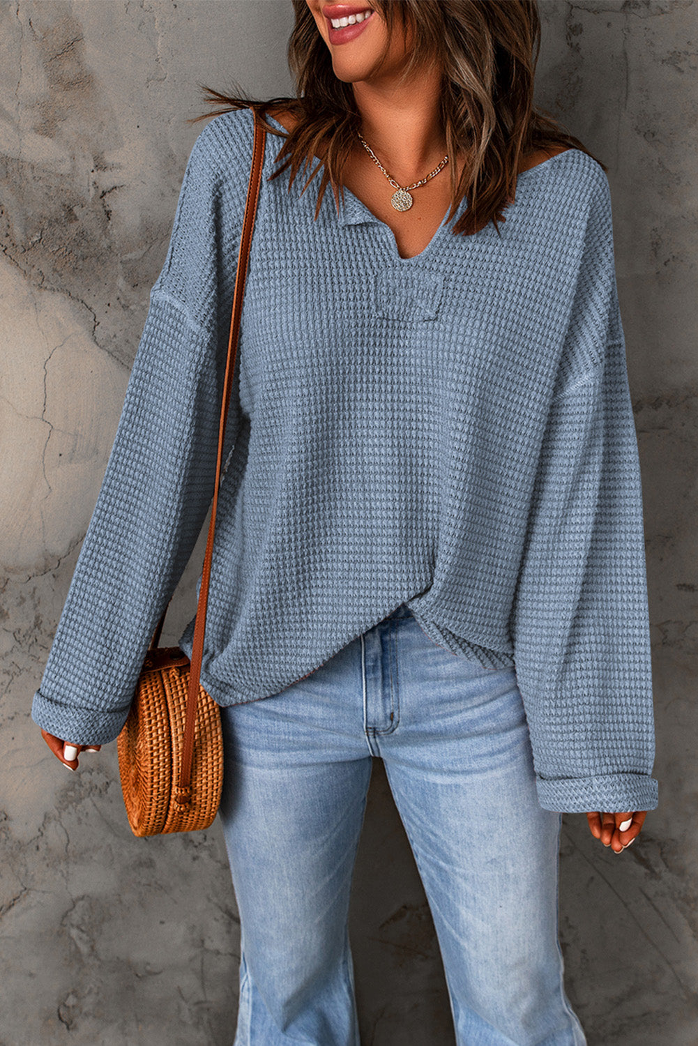 Dusk Blue Waffle Knit Loose Long Sleeve Top - LA Grand