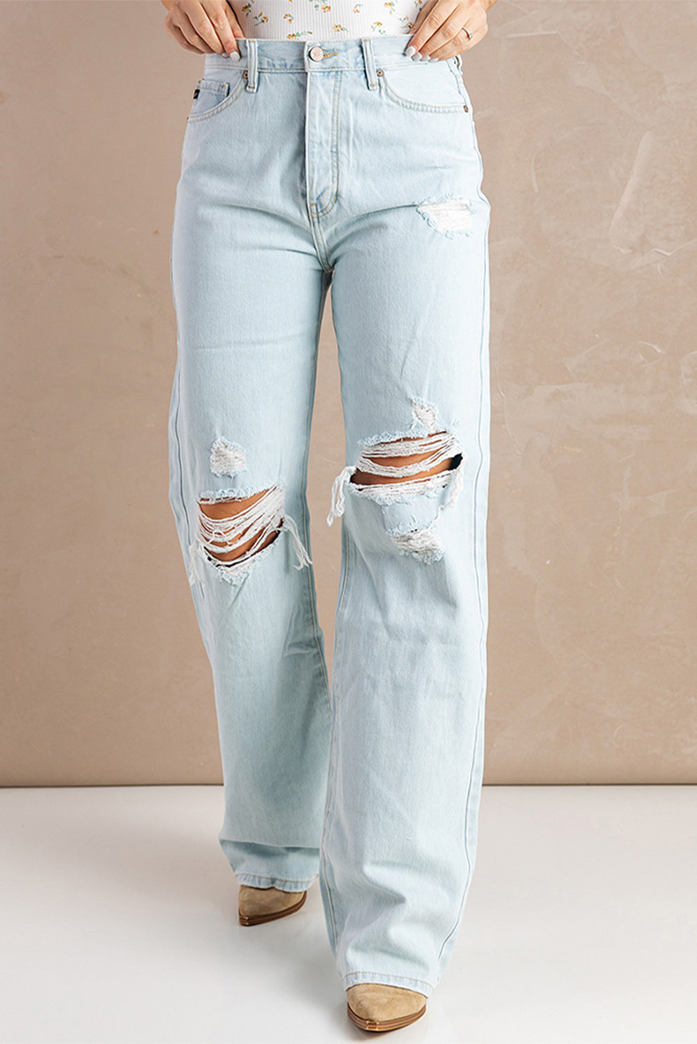 Sky Blue Washed Ripped Knee Wide Legs Jeans - LA Grand