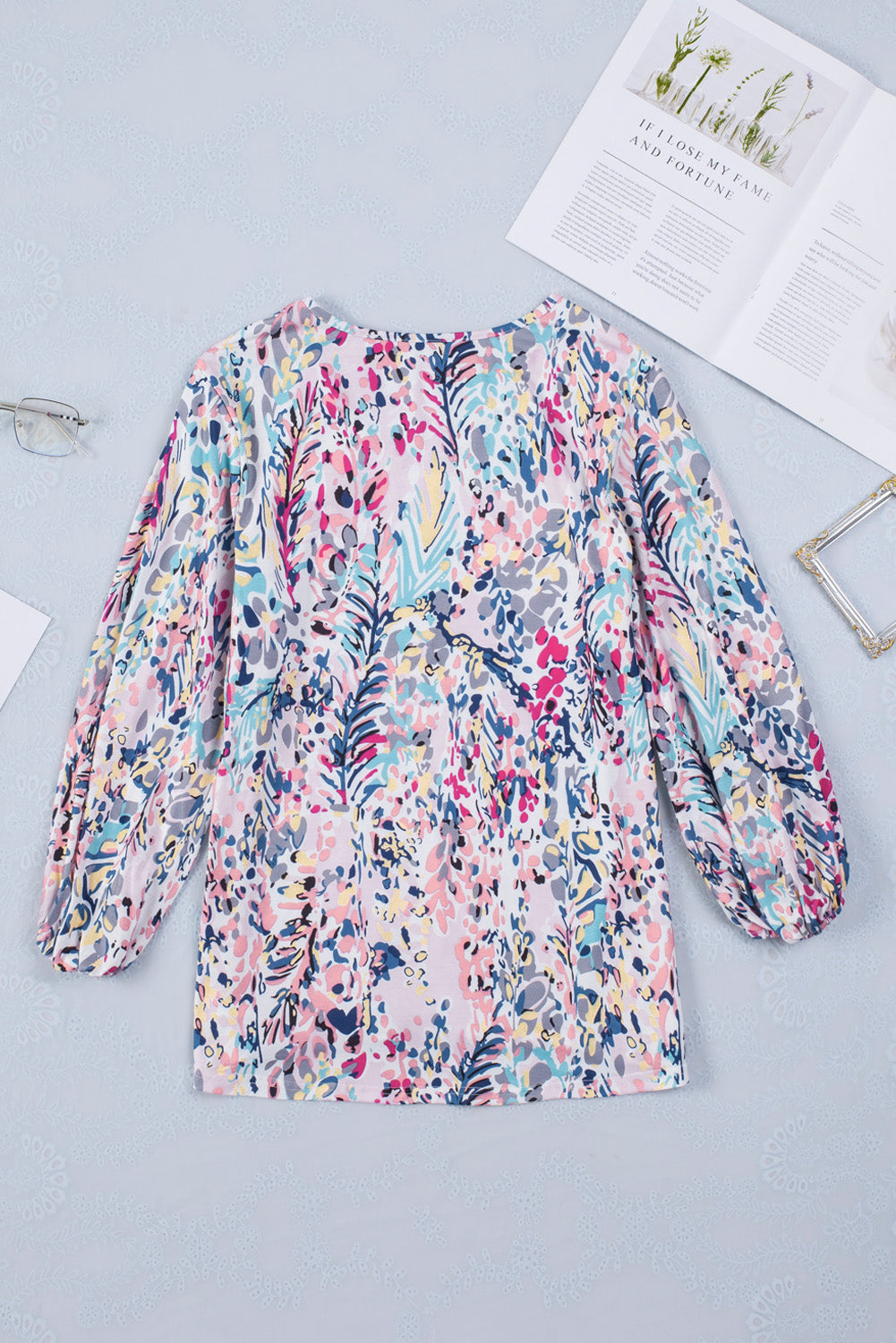 Blue Floral Print Puffy Sleeve Loose Blouse - LA Grand