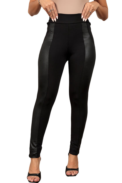 Black Leather Panel Patchwork High Waist Leggings - LA Grand