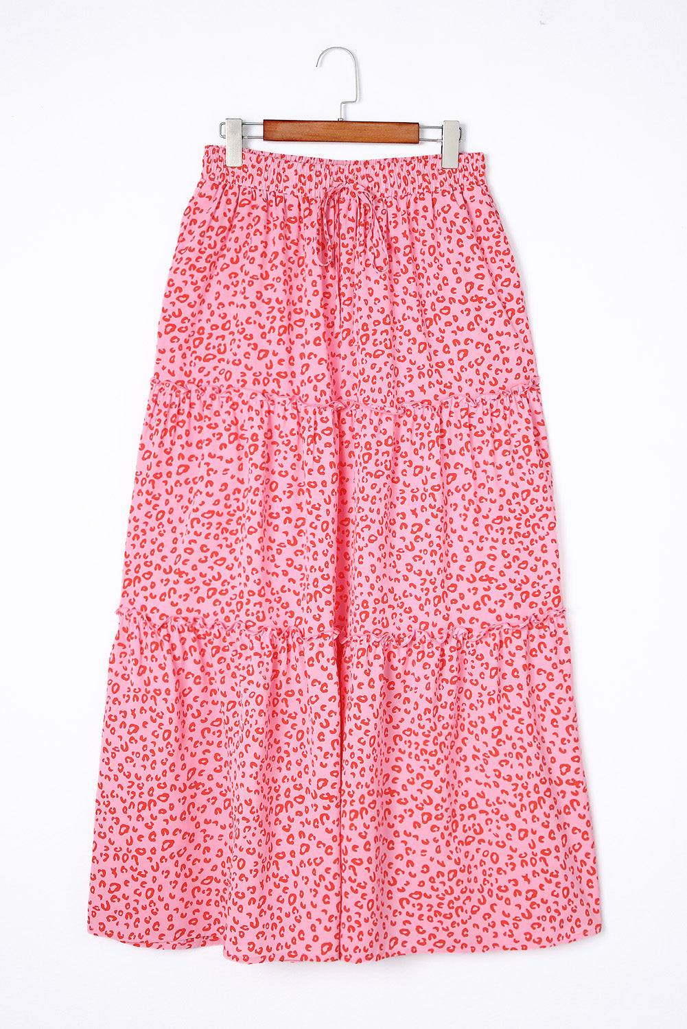 Pink Leopard Print Frilled Drawstring High Waist Maxi Skirt - LA Grand