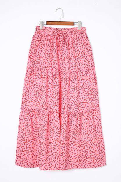 Pink Leopard Print Frilled Drawstring High Waist Maxi Skirt - LA Grand