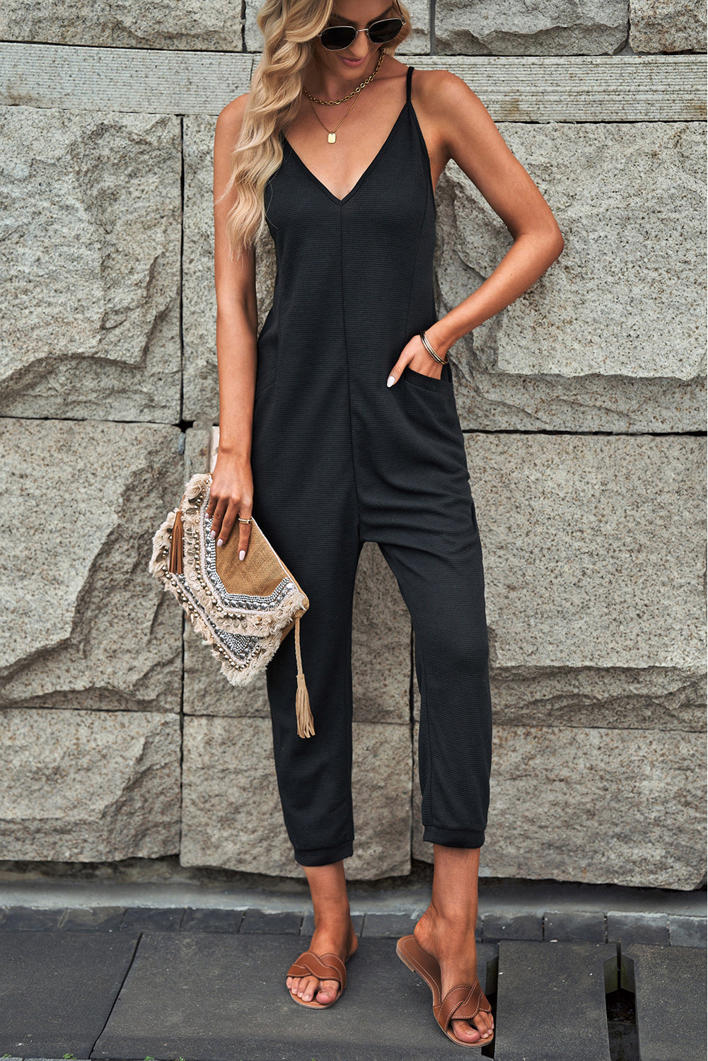 Blue Textured Sleeveless V-Neck Pocketed Casual Jumpsuit - LA Grand