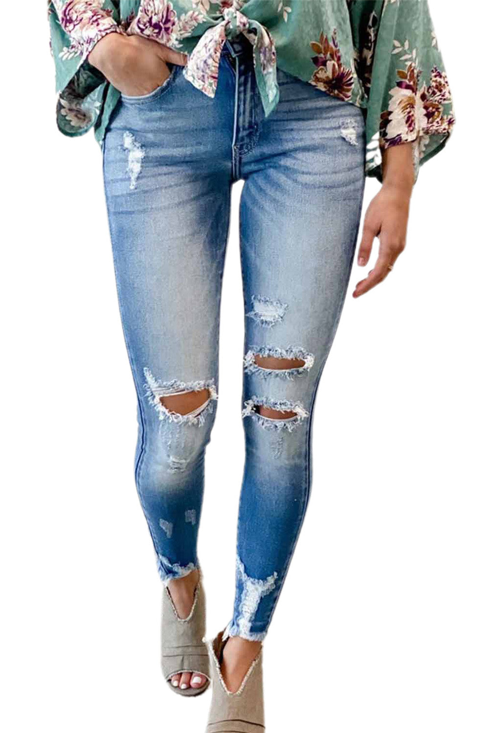 Faded Mid High Rise Jeans with Holes - LA Grand