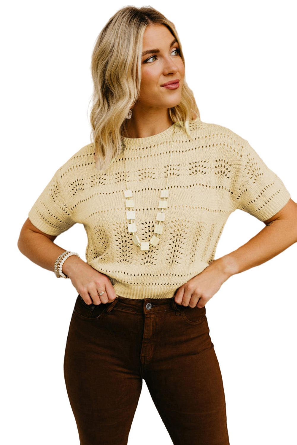 Beige Knitted Hollow out Short Sleeve Crop Sweater - LA Grand