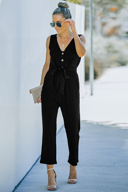 Black V Neck Button Belted Jumpsuit with Pockets - LA Grand