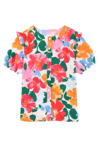 Multicolor Floral Print Ruffle Trim Puff Sleeve Shirt - LA Grand