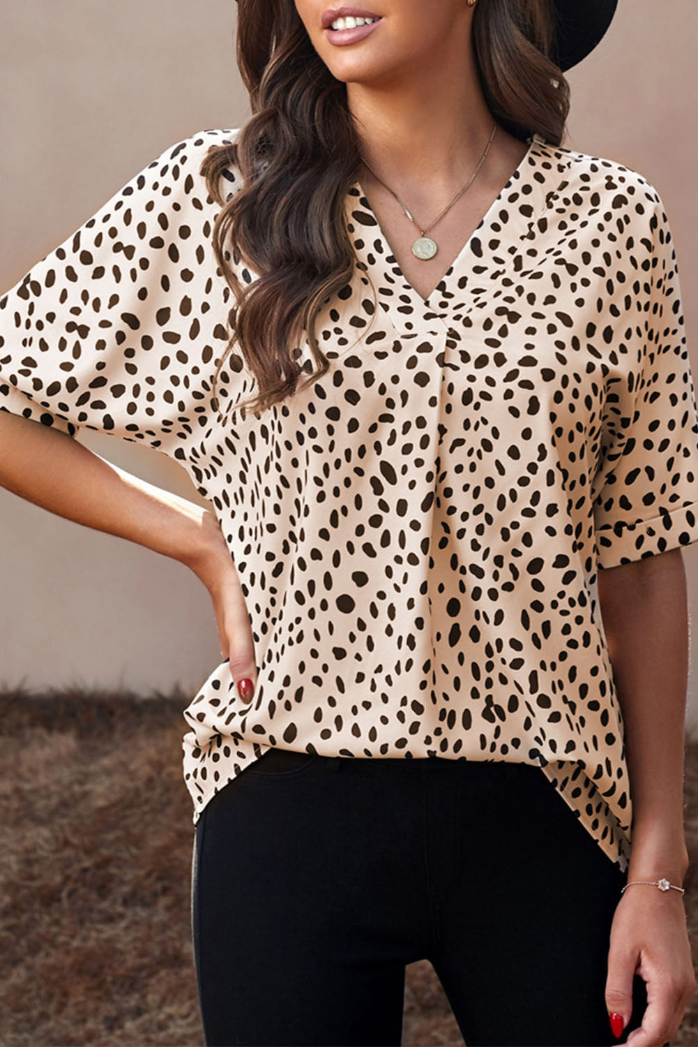 Apricot Animal Print V-neck Rolled Sleeve Tunic Top - LA Grand