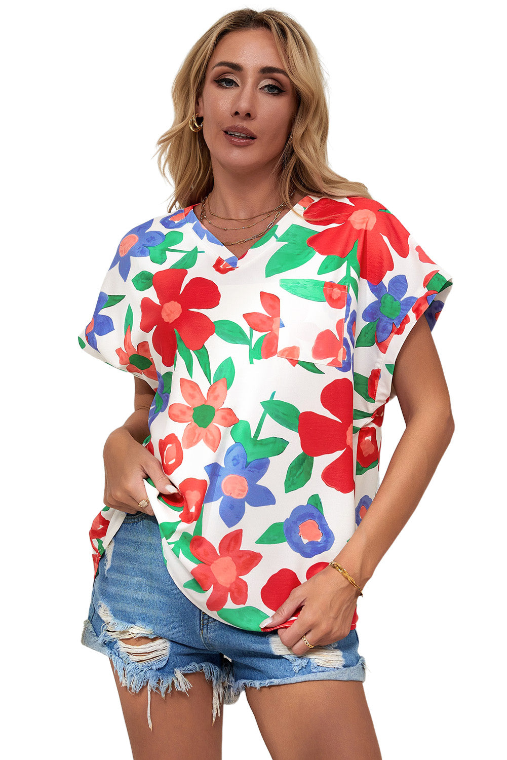 Flower Print Chest Pocket V Neck Blouse - LA Grand