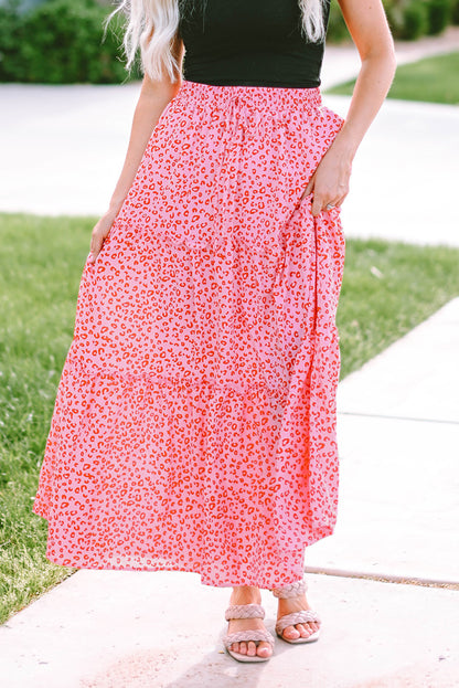 Pink Leopard Print Frilled Drawstring High Waist Maxi Skirt - LA Grand