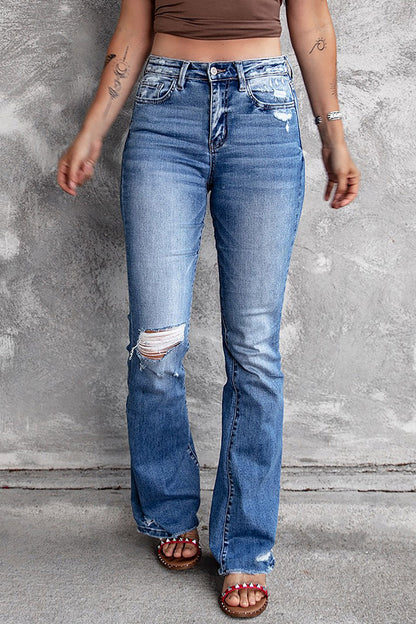 Blue Distressed Flare Jeans - LA Grand