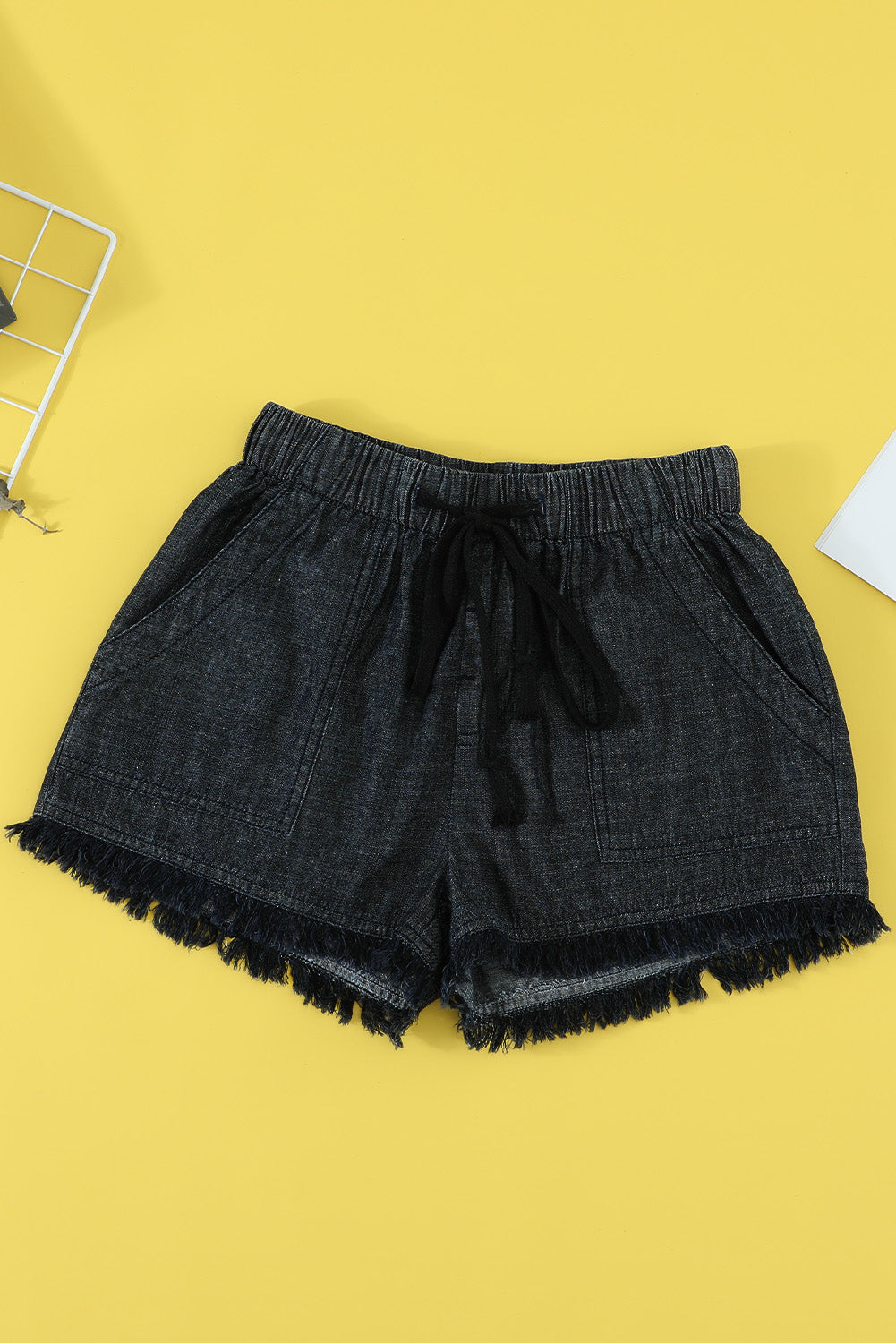 Dark Blue Casual Pocketed Frayed Denim Shorts - LA Grand