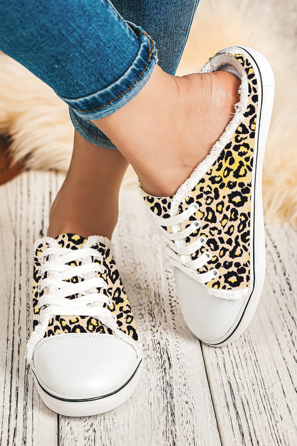 Chestnut Leopard Print Lace Up Decor Canvas Slip On Shoes - LA Grand