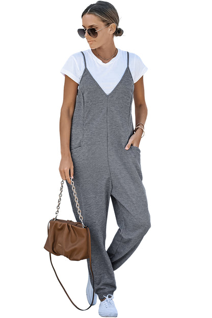 Blue Textured Sleeveless V-Neck Pocketed Casual Jumpsuit - LA Grand