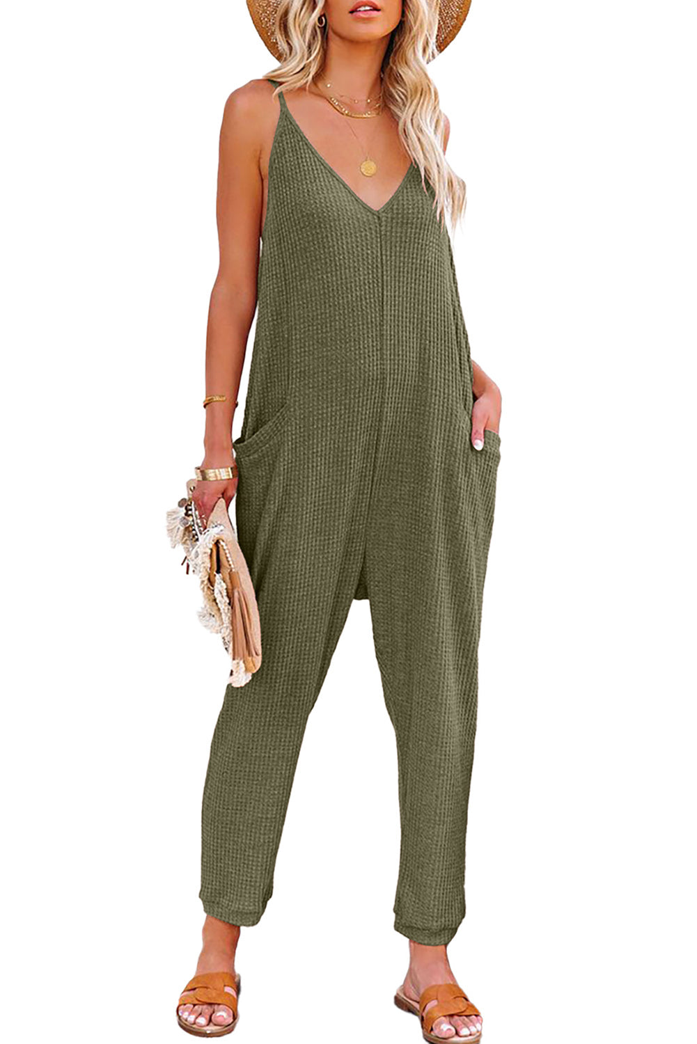 Blue Textured Sleeveless V-Neck Pocketed Casual Jumpsuit - LA Grand