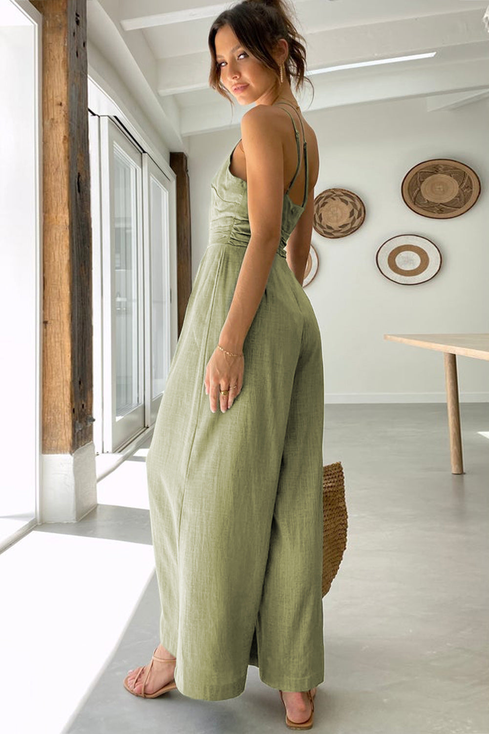 Green Asymmetric Thin Straps One-shoulder Wide Leg Jumpsuit - LA Grand