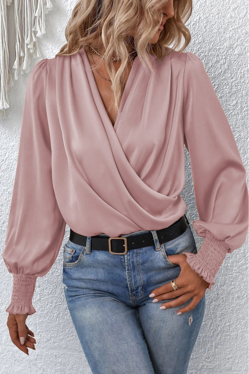 Khaki Solid Surplice Neck Shirred Cuffs Draped Blouse - LA Grand