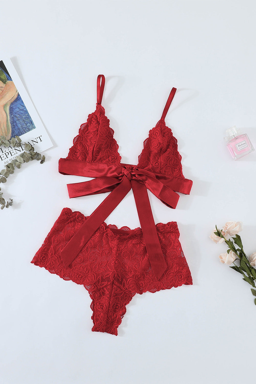 Romantic Love Fiery Red Lace Bralette Lingerie Set - LA Grand