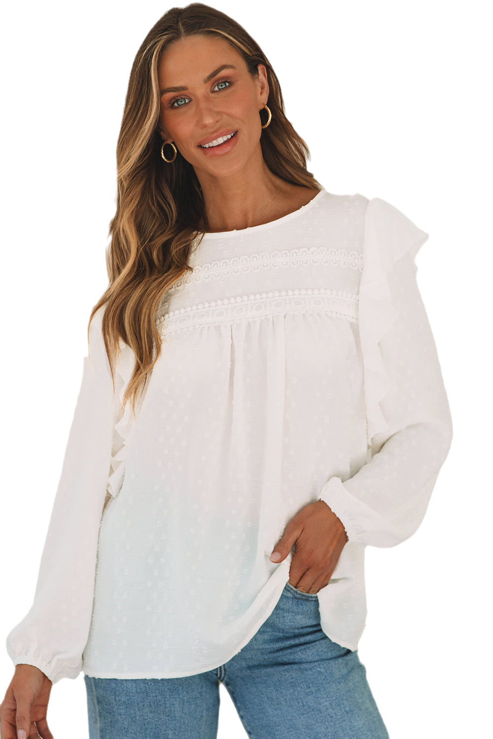 Sky Blue Lace Eyelet Ruffle Shoulder Long Sleeve Blouse - LA Grand