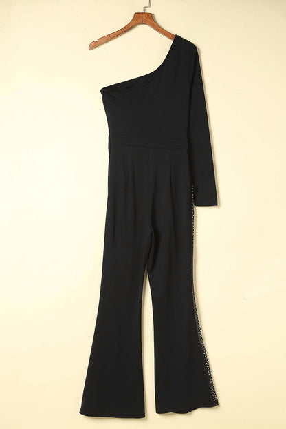 Black One-shoulder Gem Rhinestone Accent Flare Bottom Jumpsuit - LA Grand