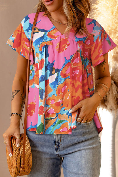 Sky Blue Abstract Print V Neck Flutter Sleeve Blouse - LA Grand