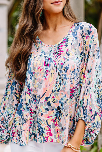 Blue Floral Print Puffy Sleeve Loose Blouse - LA Grand