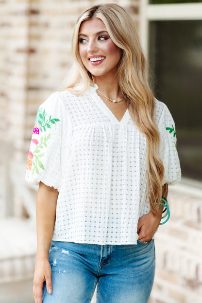 White Floral Embroidered Puff Sleeve Notched Neck Blouse - LA Grand