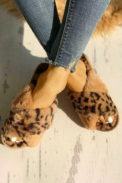 Brown Leopard Crossed Straps Furry Slippers - LA Grand