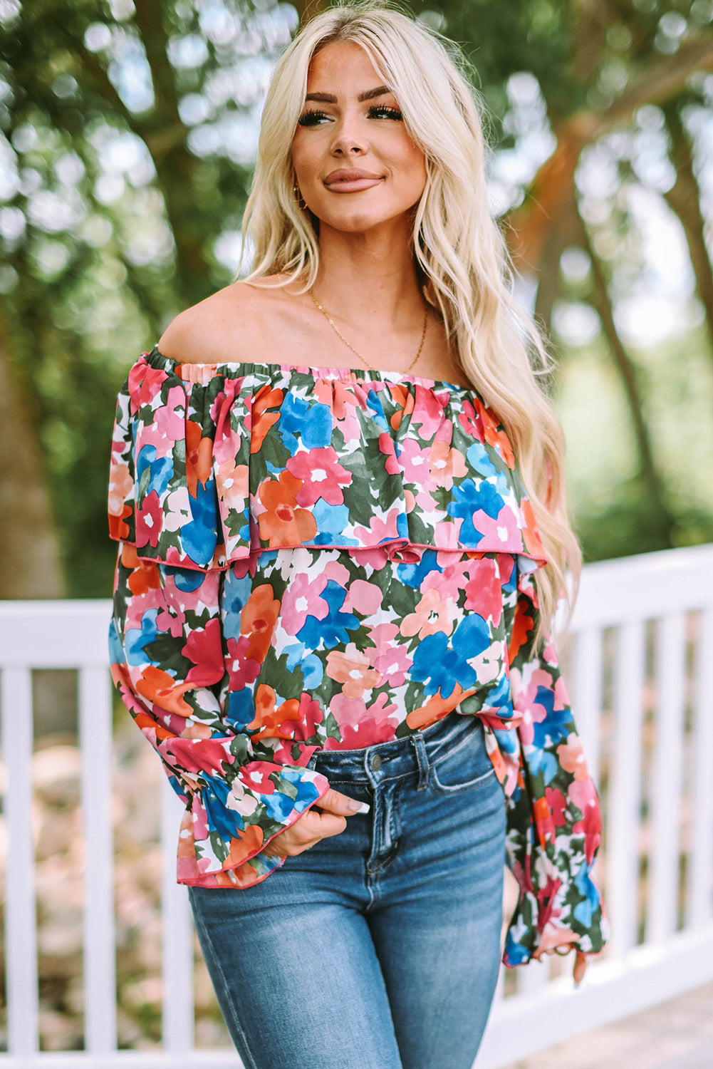 Floral Print Ruffled Off Shoulder Blouse - LA Grand