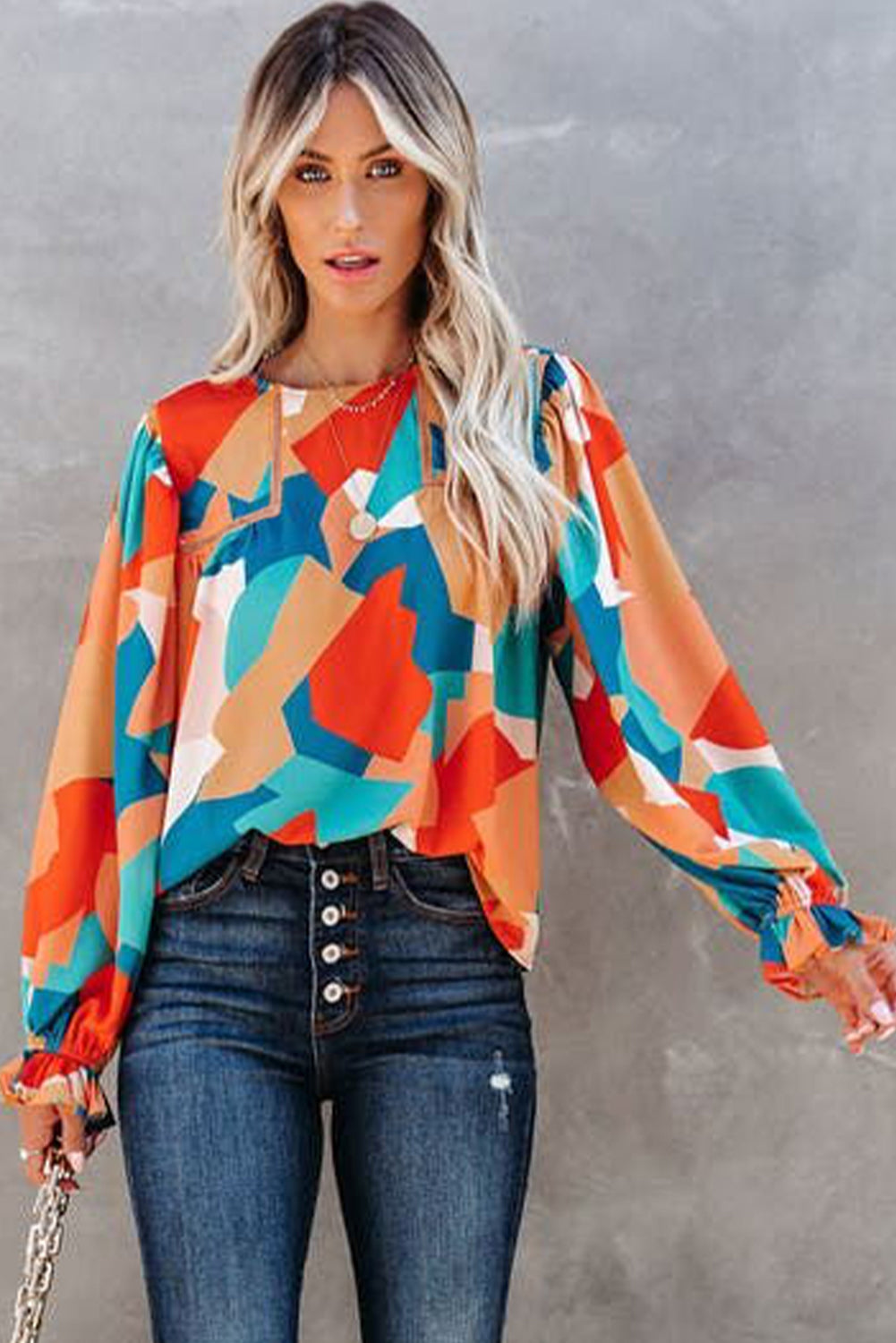 Abstract Pattern Crewneck Ruffled Puff Sleeve Blouse - LA Grand