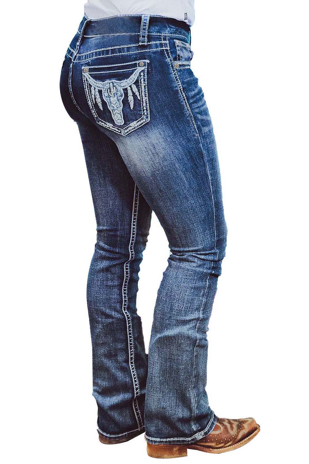 Sky Blue Embroidered Cow Straight Leg Jeans - LA Grand