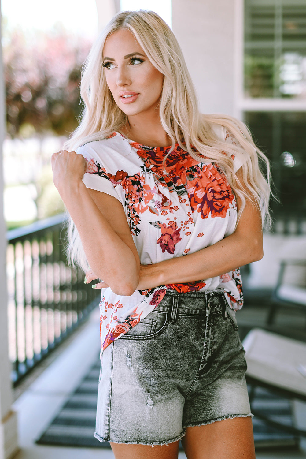 Fiery Red Floral Short Sleeve Round Neck Blouse - LA Grand