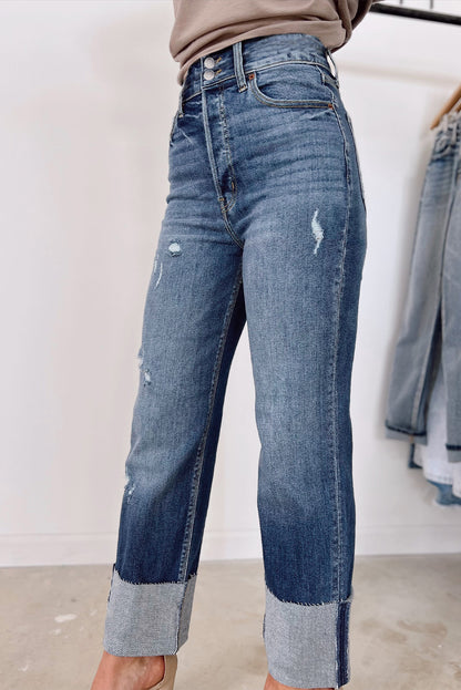 Blue High Waist Distressed Straight Leg Jeans - LA Grand