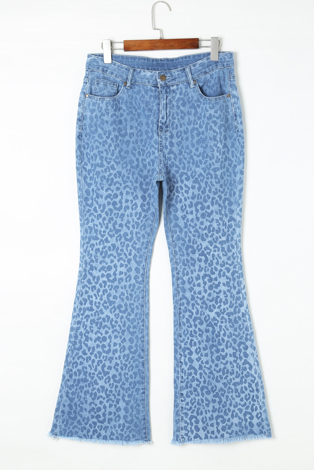 Sky Blue Leopard Print Raw Hem High Waist Flare Jeans - LA Grand