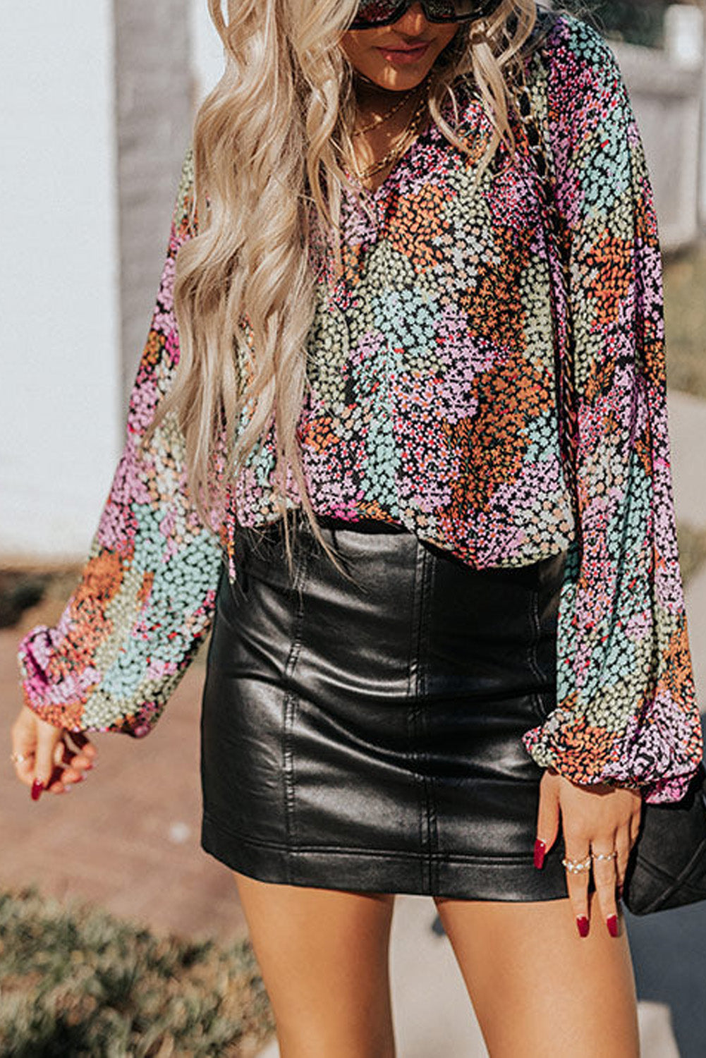 Multicolor Vibrant Floral Tie V Neck Puff Sleeve Blouse - LA Grand