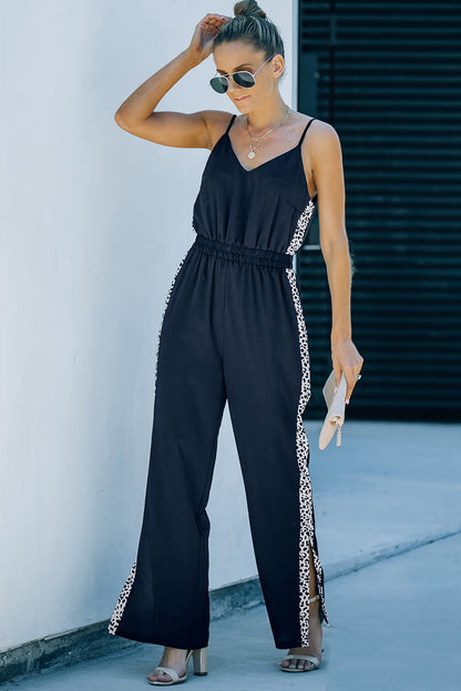 Black Leopard Patchwork Spaghetti Strap Wide Leg Jumpsuit - LA Grand