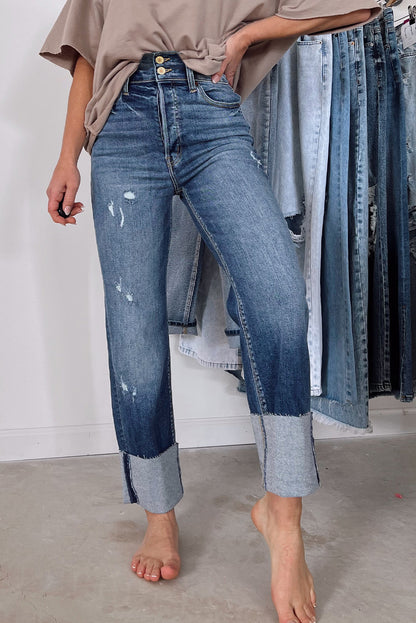 Blue High Waist Distressed Straight Leg Jeans - LA Grand