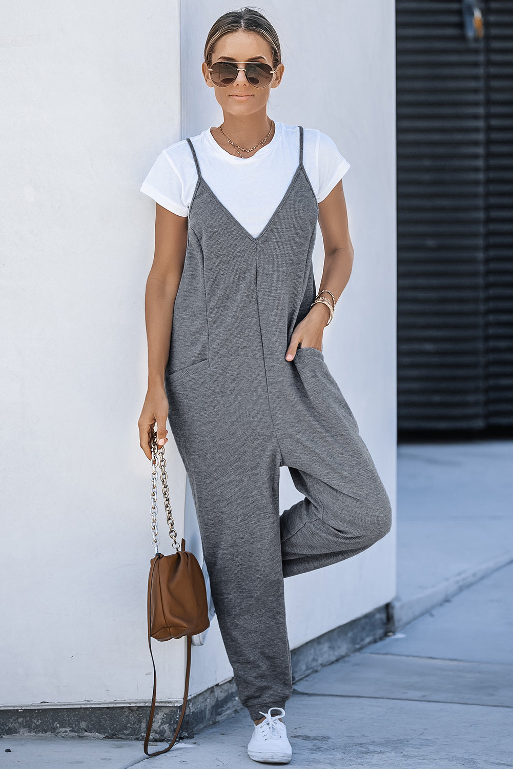 Blue Textured Sleeveless V-Neck Pocketed Casual Jumpsuit - LA Grand