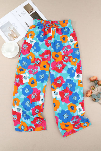 Multicolor Abstract Floral Print Drawstring Wide Waistband Pants - LA Grand