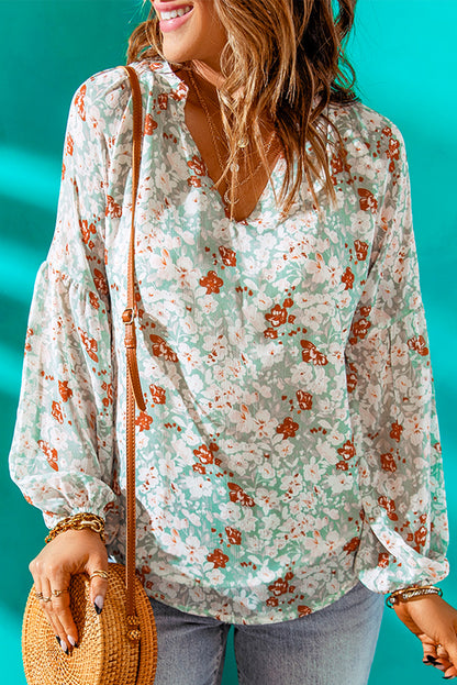 White Floral Print V Neck Long Puff Sleeve Top - LA Grand