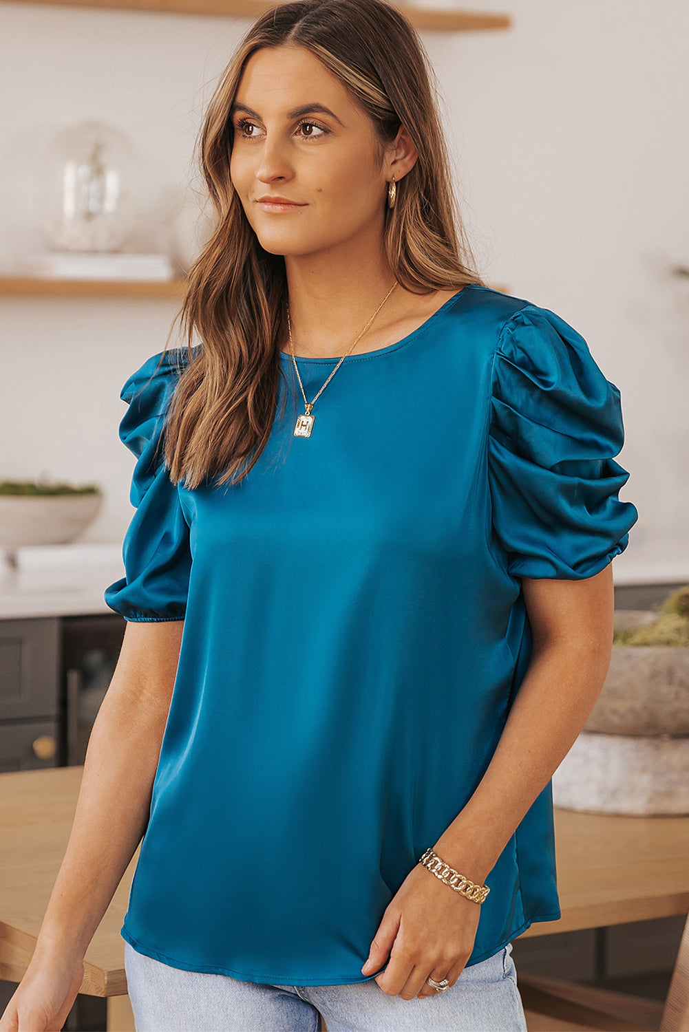 Dark Blue Ruched Puff Short Sleeve Satin Blouse - LA Grand