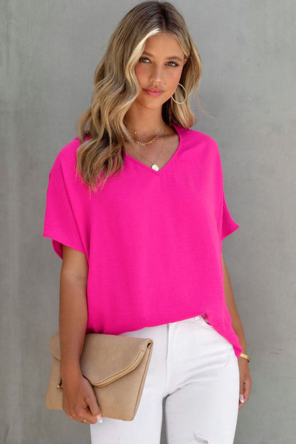 Pink Solid V Neck Short Sleeve Blouse - LA Grand