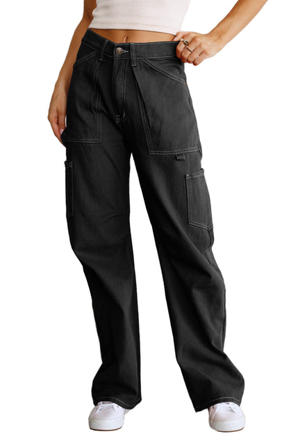 Black High Waist Straight Leg Cargo Pants with Pockets - LA Grand