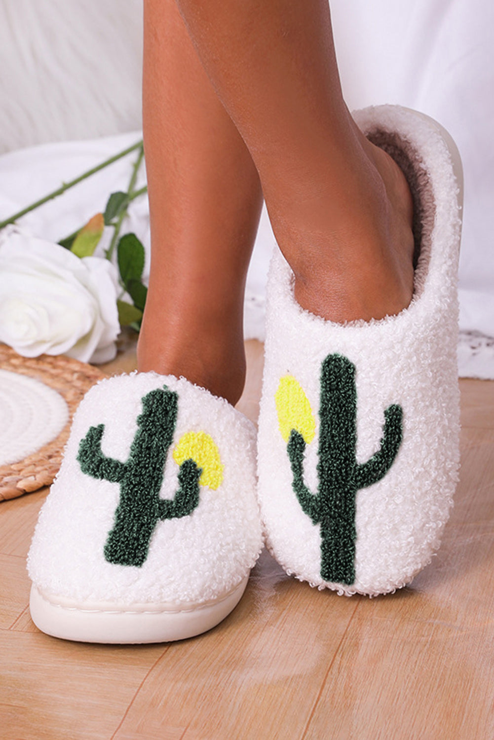 White Fuzzy Cactus Pattern Winter Home Slippers - LA Grand