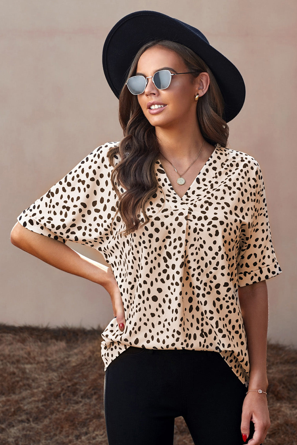 Apricot Animal Print V-neck Rolled Sleeve Tunic Top - LA Grand