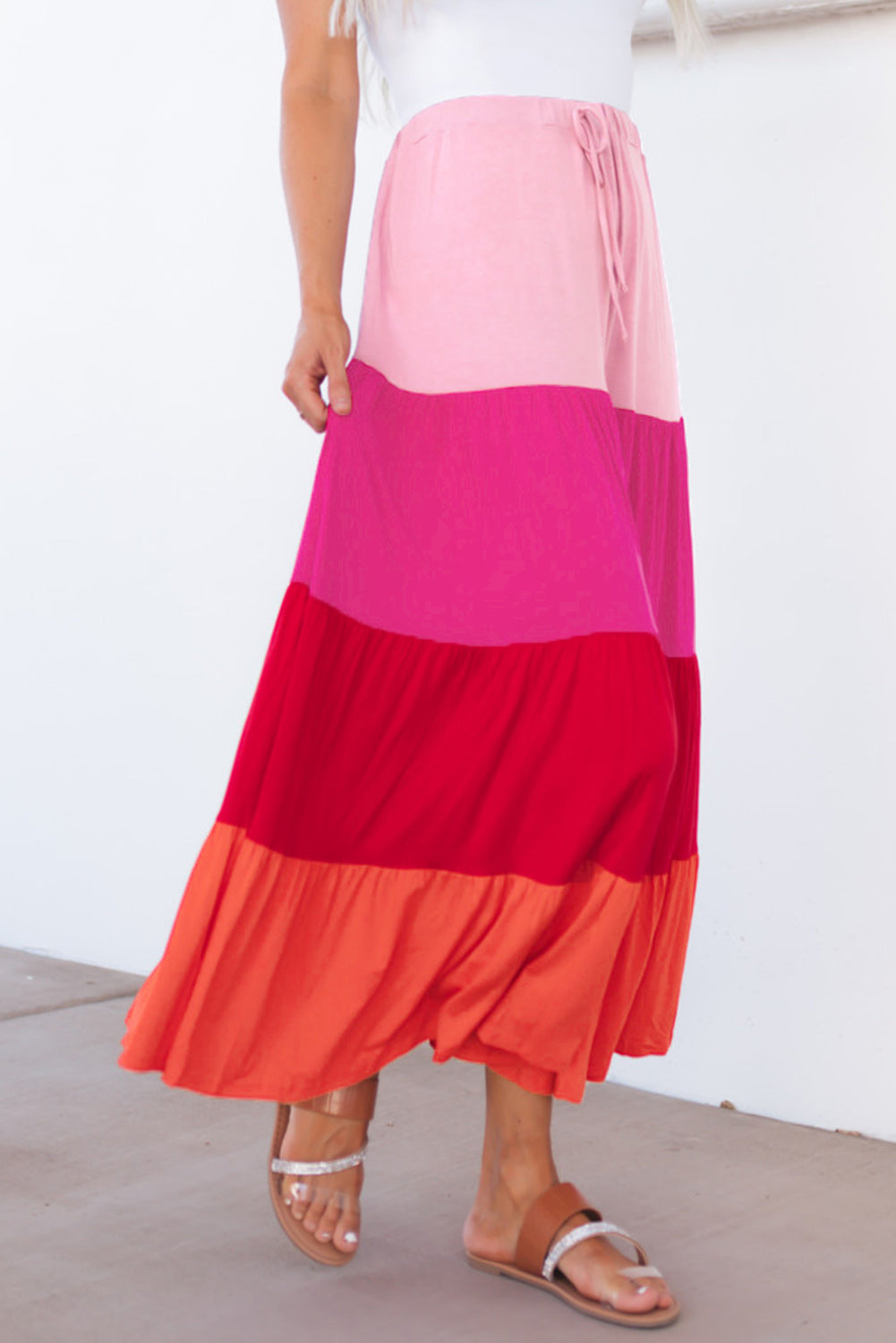 Pink Color Block Tiered Drawstring High Waist Maxi Skirt - LA Grand