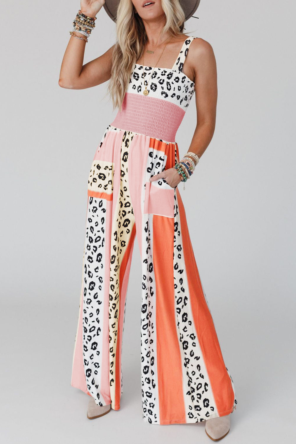 Pink Leopard Color Block Mix Print Pocketed Jumpsuit - LA Grand